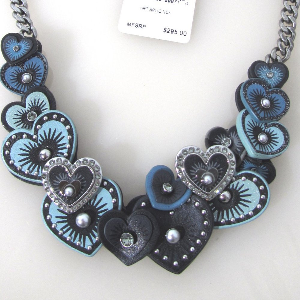 Coach $300 Leather SWAROVSKI Crystals Heart Applique 3d Necklace